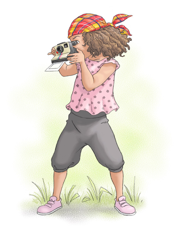 Amma observe à travers son appareil photo, illustration originale de Nathalie Gavet